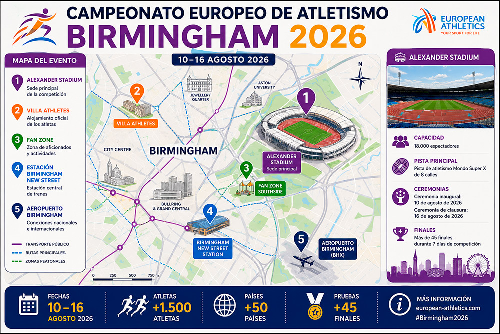 Mapa del Campeonato de Atletismo en Birmingham 2026