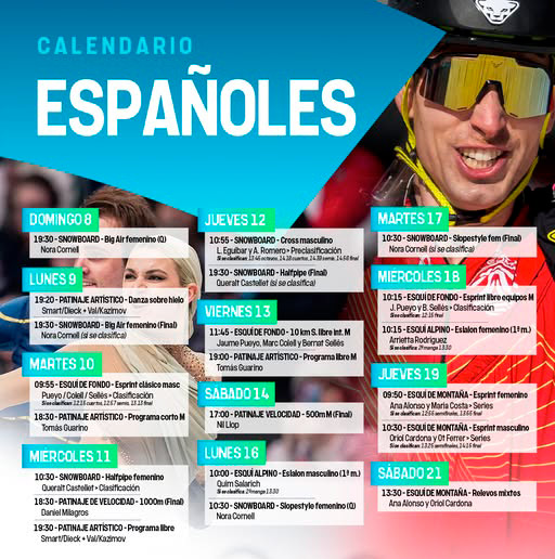 CALENDARIO ESPAÑOLES OLIMPIADAS MILANO CORTINA 2026