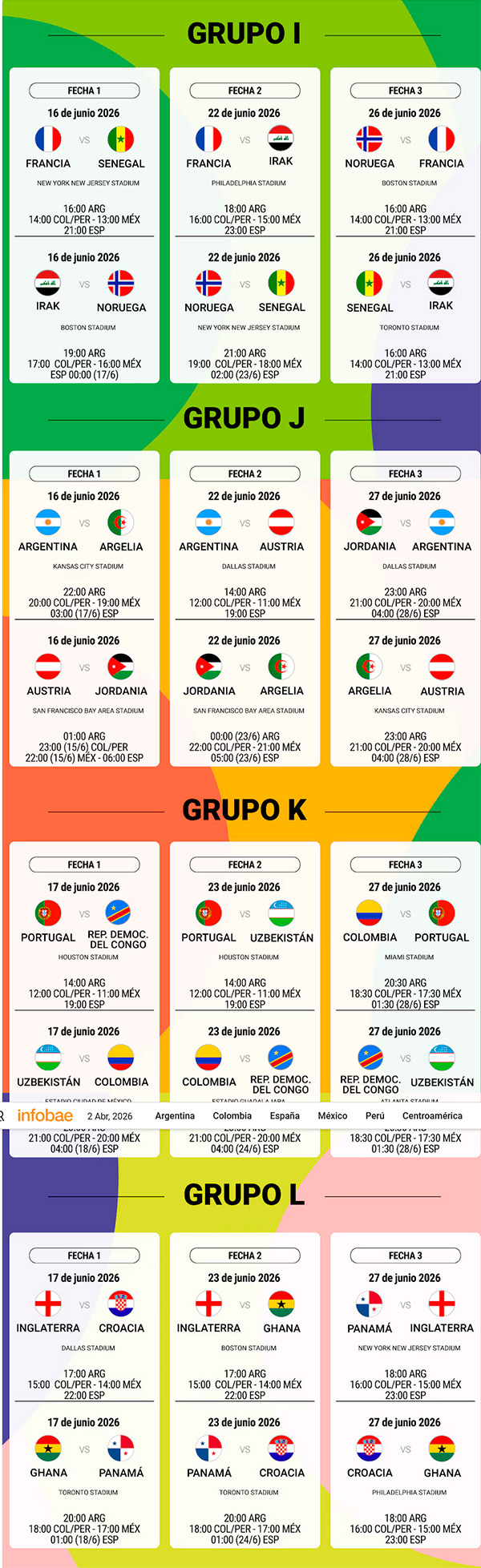 calendario Mundial Fútbol 2026