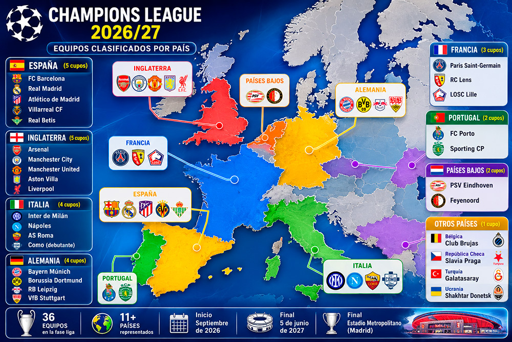 Mapa europeo de la Champions 2026/27